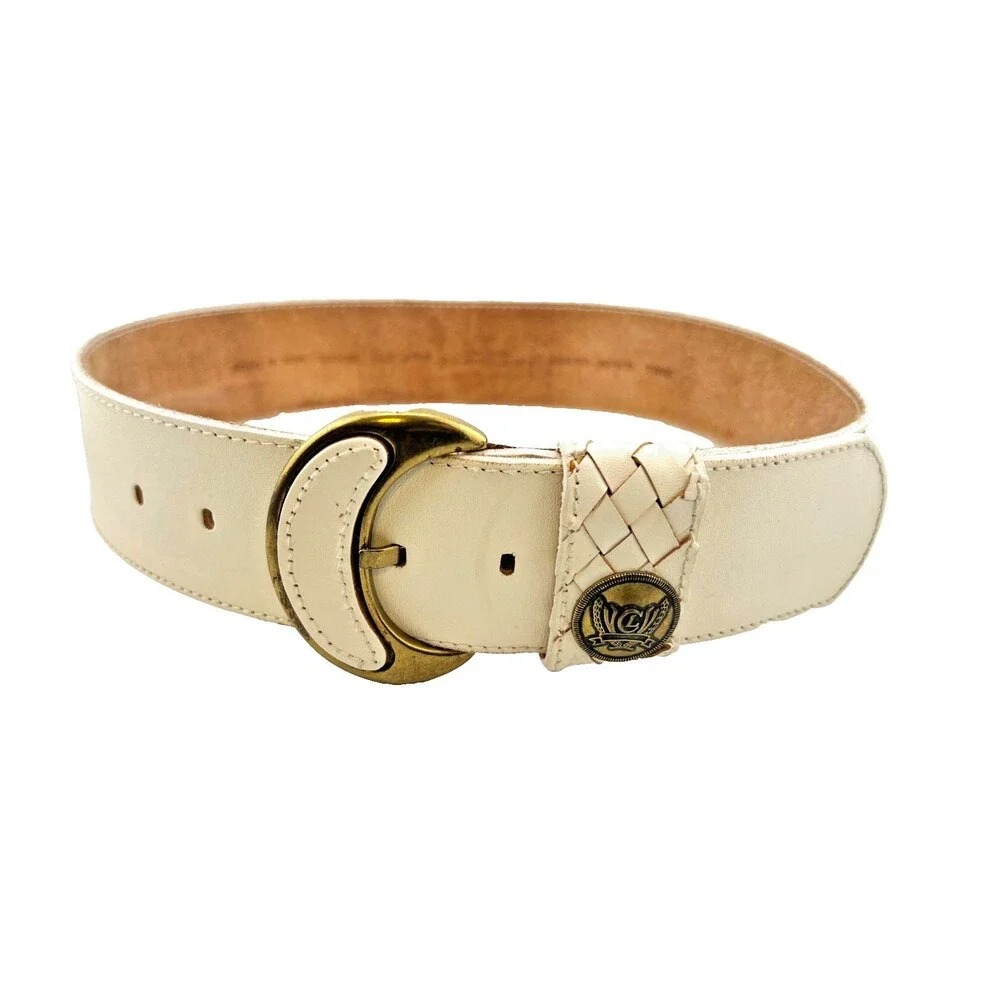 Vtg 1988 LIZ CLAIBORNE Women's S Wide Belt White Leather Brass Buckle Braided
